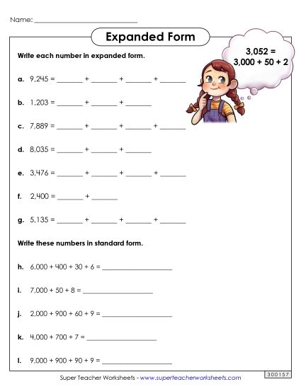 Place Value - Expanded Form: Thousands (Printable PDF Worksheet)