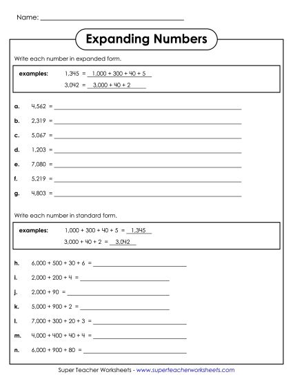 Place Value - Expanded Form: Thousands (Printable PDF Worksheet)