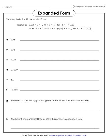 Expanded Form (Thousandths) (Printable PDF Worksheet)