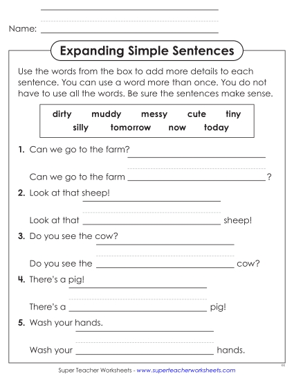 Expanding Simple Sentences - Expanding Simple Sentences (Printable PDF Worksheet)