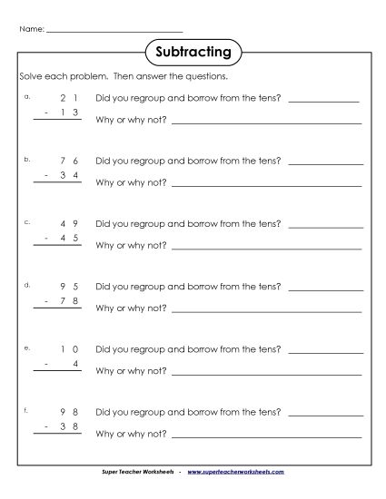2-Digit Subtraction Worksheets - Explain Regrouping (Printable PDF Worksheet)
