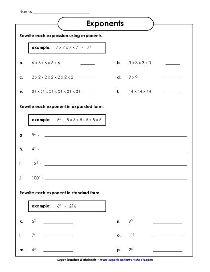 Exponents w/ Whole Numbers as a Base - Exponents (Printable PDF Worksheet)