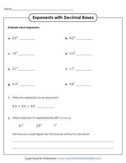 Exponents w/ Decimal Bases - Exponents with Decimal Bases (Printable PDF Worksheet)