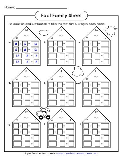 Fact Family Triangles - Fact Family Houses #1 (Printable PDF Worksheet)