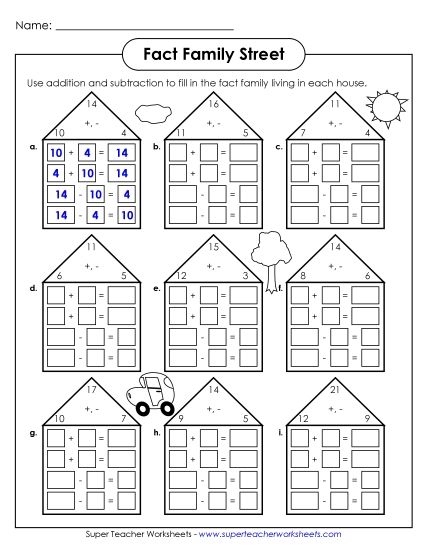 Fact Family Triangles - Fact Family Houses #2 (Printable PDF Worksheet)