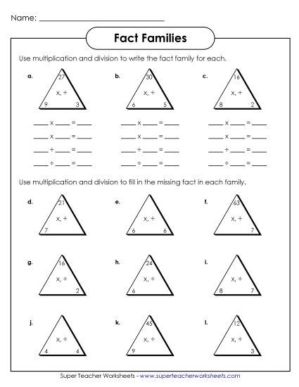 Fact Families - Fact Family Triangles (Printable PDF Worksheet)