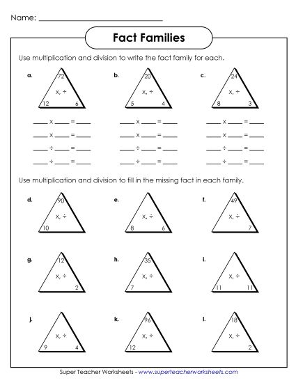 Fact Families - Fact Family Triangles (Printable PDF Worksheet)