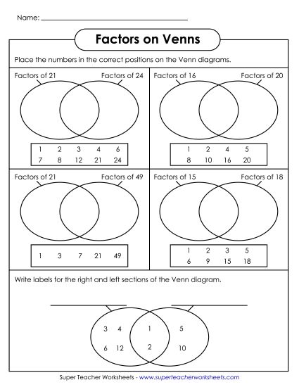 Level: Basic Grades 3-5 - Factors on Venns (Printable PDF Worksheet)