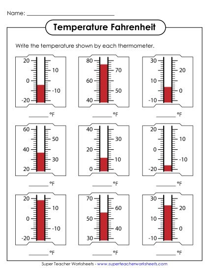 Fahrenheit - Fahrenheit Thermometers (#1) (Printable PDF Worksheet)