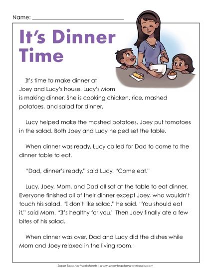 Fiction - Family Dinner (Printable PDF Worksheet)