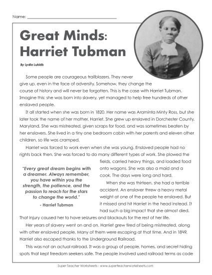 Reading Comprehension Articles - Famous Women: Harriet Tubman (Printable PDF Worksheet)