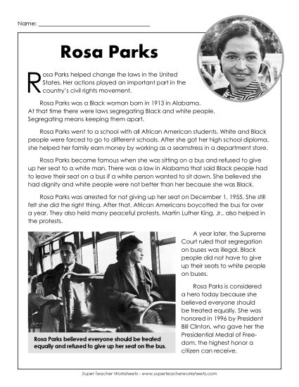 Reading Comprehension Articles - Famous Women: Rosa Parks (Printable PDF Worksheet)