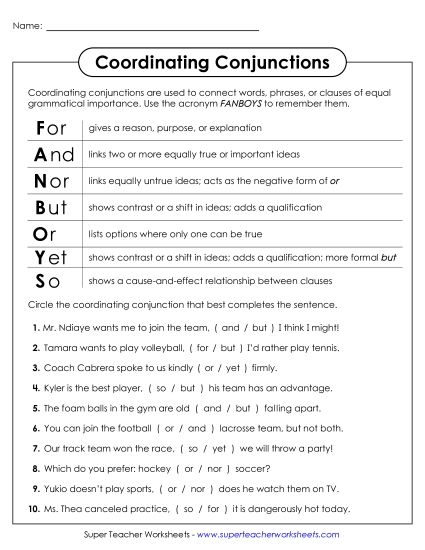Advanced - FANBOYS Conjunctions  (Printable PDF Worksheet)