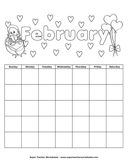 Blank Calendars for Kids - February Calendar (Printable PDF Worksheet)