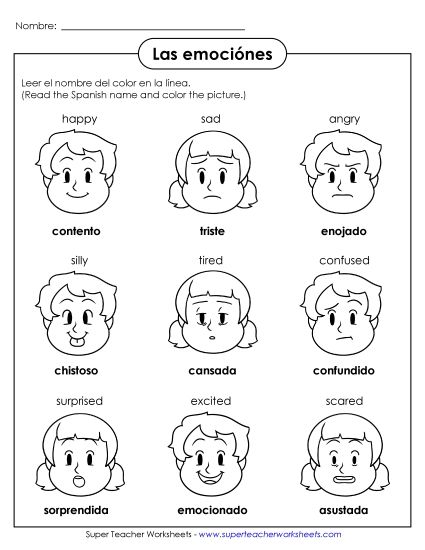 Feelings/Emotions (Sentimientos/Emociones) - Feelings/Emotions Pictures (Printable PDF Worksheet)