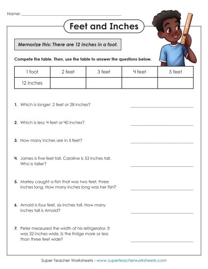 Conversions & Unit Comparisons - Feet and Inches (Printable PDF Worksheet)