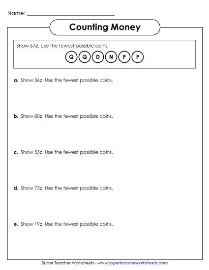 Coins Only (No Bills) - Fewest Coins 1 (Printable PDF Worksheet)