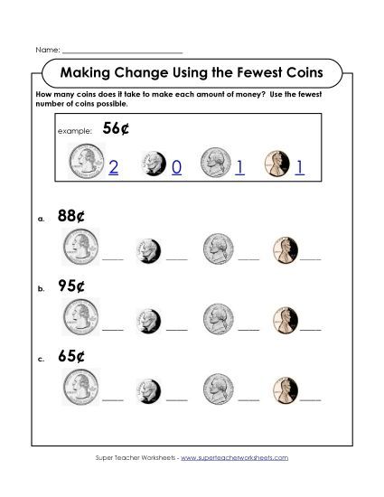 Coins Only (No Bills) - Fewest Coins 2 (Printable PDF Worksheet)