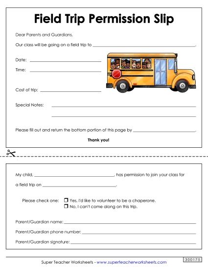 Parent Communications - Field Trip Permission Slip (Printable PDF Worksheet)