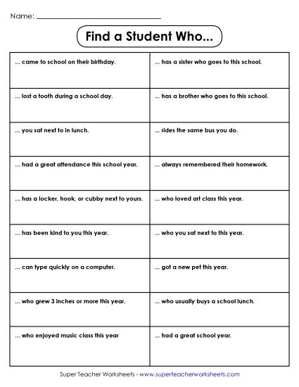 Activities and Games - Find a Student Who... Game (Printable PDF Worksheet)
