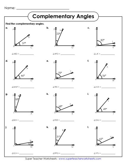 Complementary Angles - Find Complementary Angles (Printable PDF Worksheet)