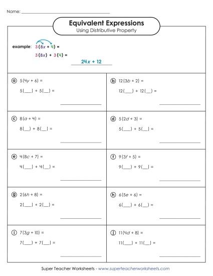 Finding Equivalent Expressions Using Distributive Property - Find Equivalent Expressions Using Distributive Property (Basic) (Printable PDF Worksheet)