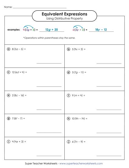 Finding Equivalent Expressions Using Distributive Property - Find Equivalent Expressions Using Distributive Property (Intermediate) (Printable PDF Worksheet)