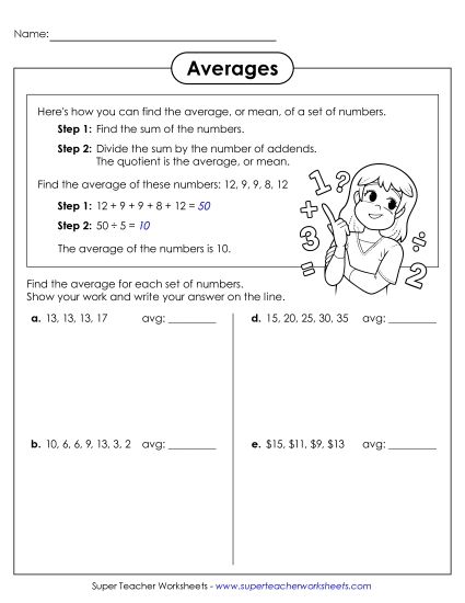 Intermediate Level (Long Division) - Find the Averages (Printable PDF Worksheet)