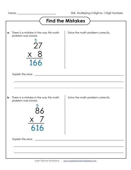 2-Digit Times 1-Digit Worksheets - Find the Errors: 2-Digit by 1-Digit Numbers (Printable PDF Worksheet)