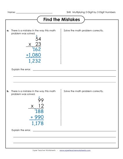 2-Digit Times 2-Digit Worksheets - Find the Errors: 2-Digit by 2-Digit Numbers (Printable PDF Worksheet)