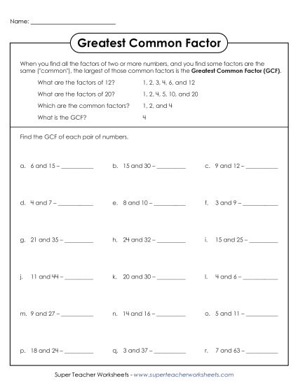 Greatest Common Factor (GCF) - Find the GCF (Printable PDF Worksheet)