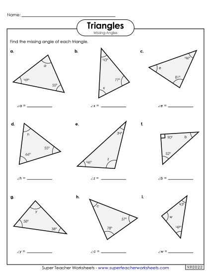 Triangles: Acute, Obtuse, Right - Find the Missing Angle (Printable PDF Worksheet)