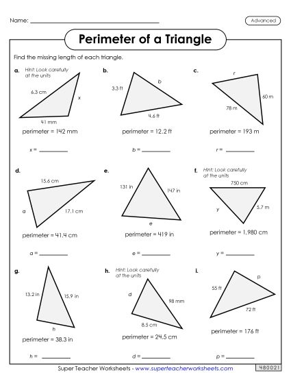 Advanced (Includes Decimals & Fractions) - Find the Missing Length on the Triangle (Advanced) (Printable PDF Worksheet)