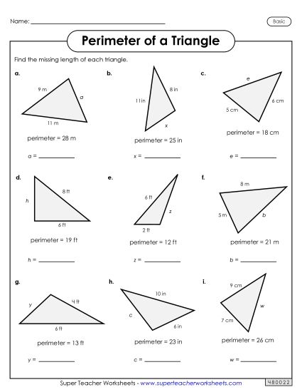 Basic (Simple Shapes & Whole Numbers) - Find the Missing Length on the Triangle (Basic) (Printable PDF Worksheet)
