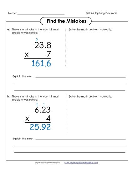 Multiplying Decimals By 1-Digit Numbers - Find the Mistake: Multiplying Decimals by 1-Digit (Printable PDF Worksheet)