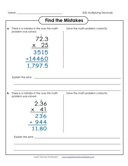 Multiplying Decimals By 2-Digit Numbers - Find the Mistake: Multiplying Decimals by 2-Digit Numbers (Printable PDF Worksheet)