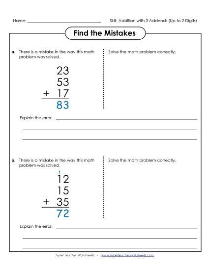 Two-Digit - Find the Mistakes (2 Digits) (Printable PDF Worksheet)