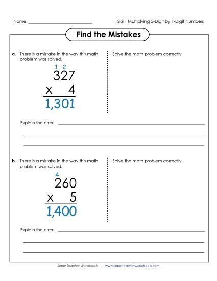 3-Digit Times 1-Digit Printables - Find the Mistakes: 3-Digit by 1-Digit Numbers (Printable PDF Worksheet)