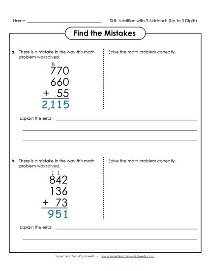 Three-Digit - Find the Mistakes (3 Digits) (Printable PDF Worksheet)