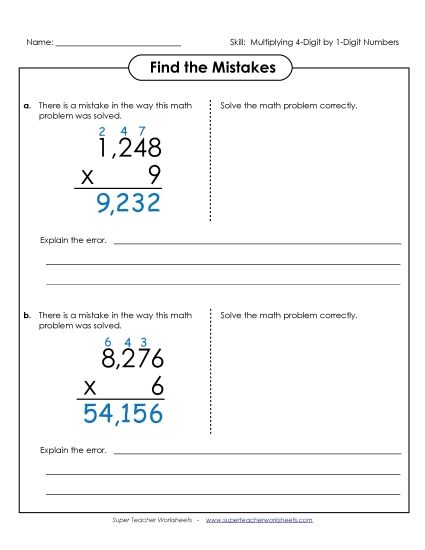 4-Digit Times 1-Digit Worksheets - Find the Mistakes: 4-Digit by 1-Digit Numbers (Printable PDF Worksheet)