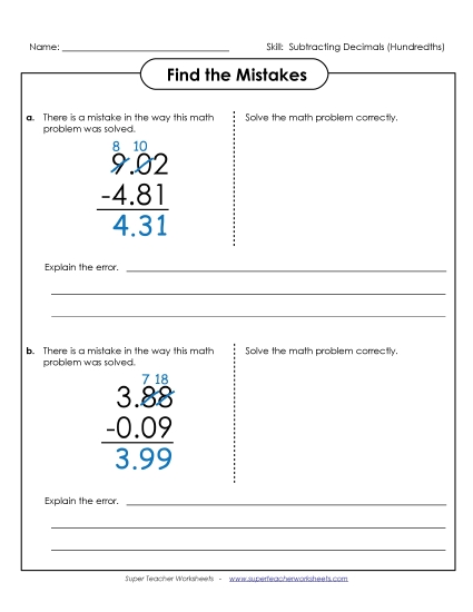 Hundredths - Find the Mistakes Activity (Subtraction) (Printable PDF Worksheet)
