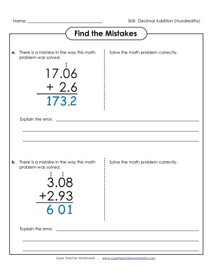 Hundredths - Find the Mistakes (Adding) (Printable PDF Worksheet)