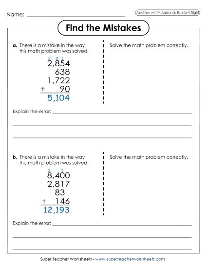 3 or More Addends - Find the Mistakes (Multiple Addends) (Printable PDF Worksheet)
