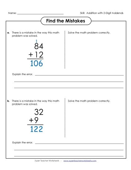 Worksheets (2-Digit Addends) - Find the Mistakes (Printable PDF Worksheet)