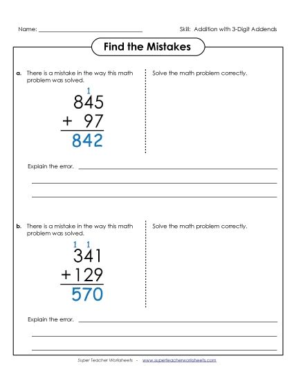 Addition (3-Digit Addends) - Find the Mistakes (Printable PDF Worksheet)