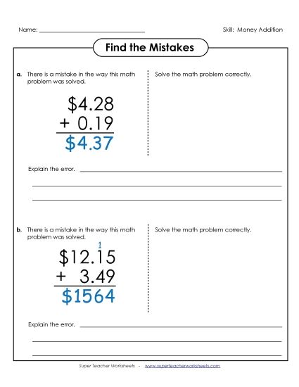 Adding Money - Find the Mistakes (Printable PDF Worksheet)