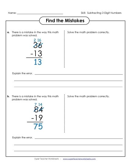 2-Digit Subtraction Worksheets - Find the Mistakes (Printable PDF Worksheet)