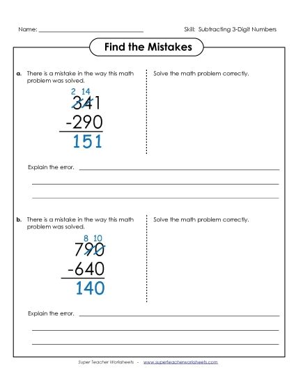 3-Digit Subtraction Worksheets - Find the Mistakes (Printable PDF Worksheet)