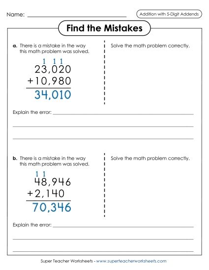 5-Digit Addition - Find the Mistakes (Printable PDF Worksheet)