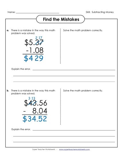 Subtracting Money Worksheets - Find the Mistakes (Version 1) (Printable PDF Worksheet)